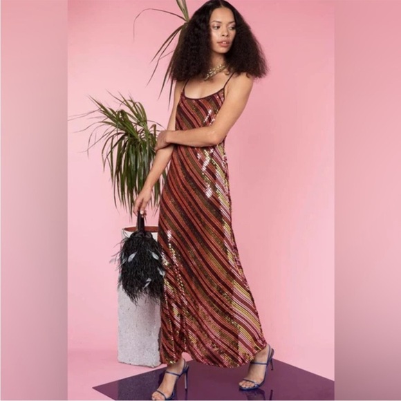 NWT Rixo London Sylvie Sequin-embellished Midi slip dress colorful sz M mobwife - Picture 2 of 15